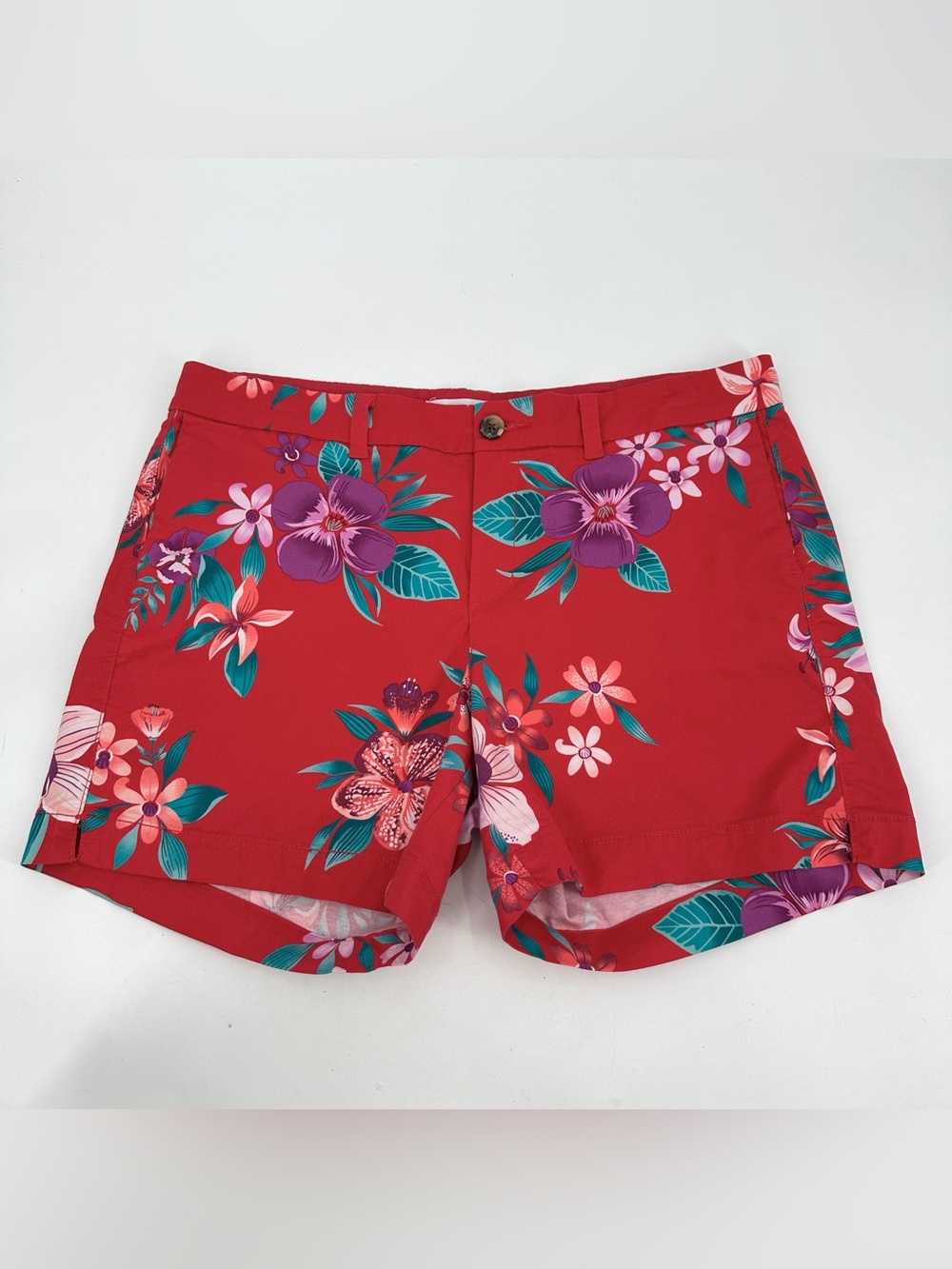 Old Navy Everyday Shorts Womens 14 Chino Red Floral Hawaiian Tropical Preppy